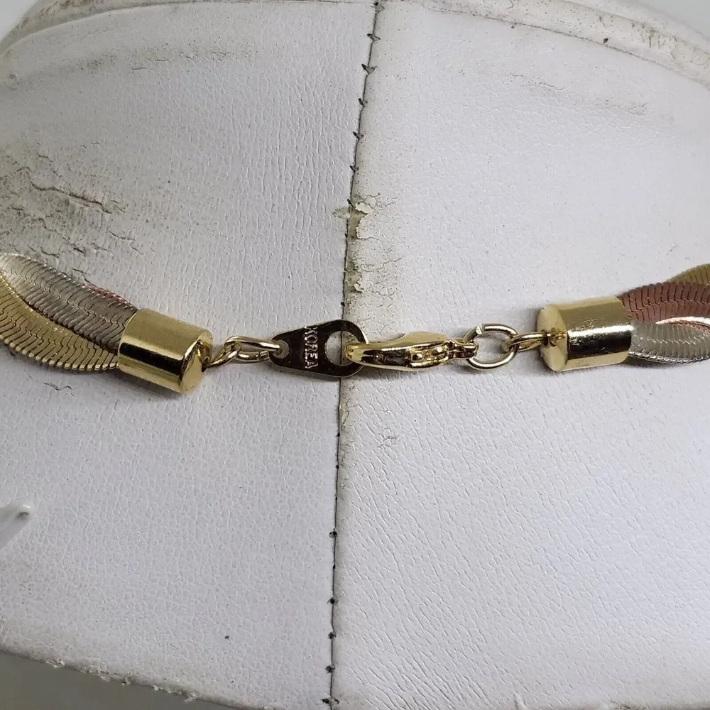 Vintage Korea Three Tone Herring Bone‎ Chain Necklace